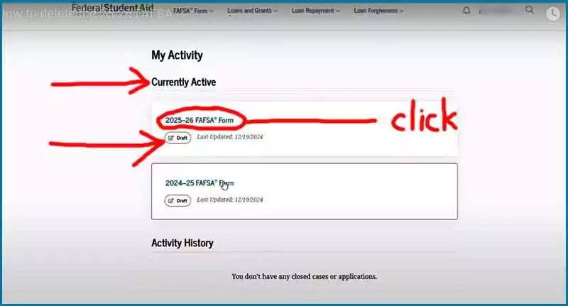 Delete a FAFSA Draft Form step 3